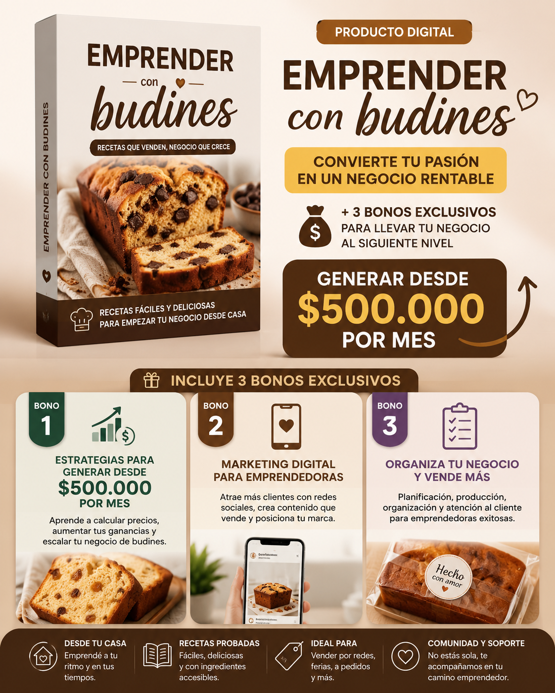Emprender con budines + 3 Bonos: Generar desde $500.000 por mes