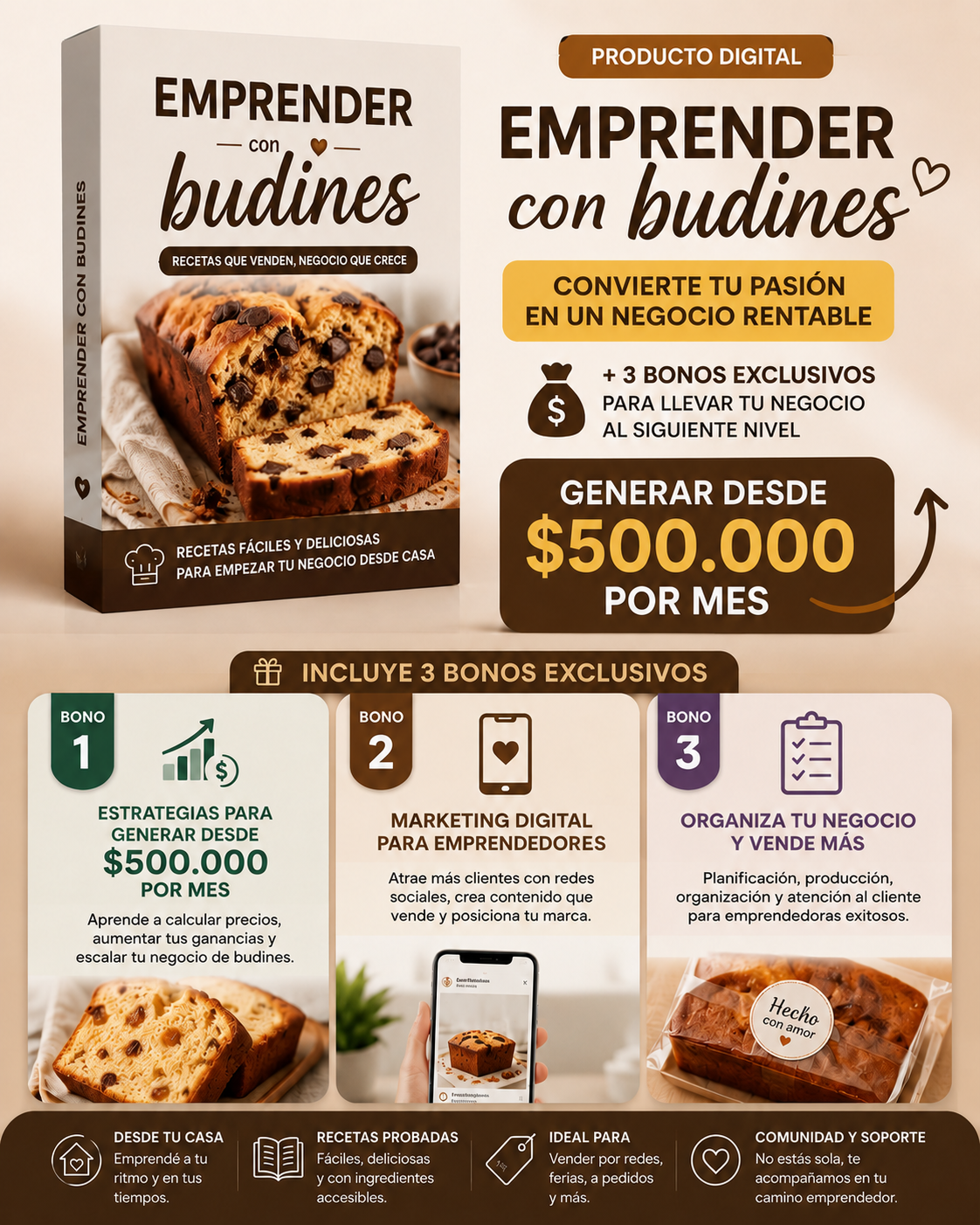 Emprender con budines + 3 Bonos: Generar desde $500.000 por mes